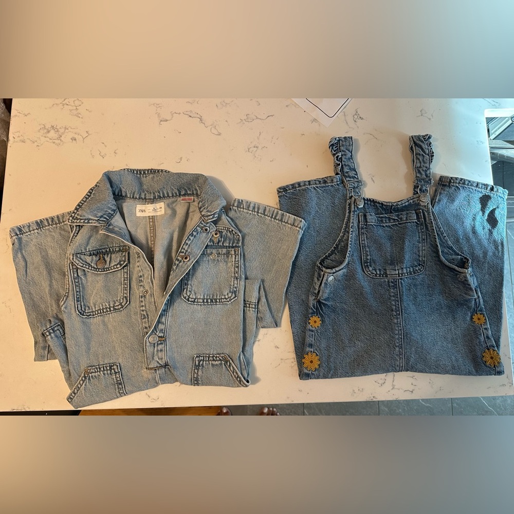 Kids denim outfits.  Pants are overalls from Zara
Dress children’s place